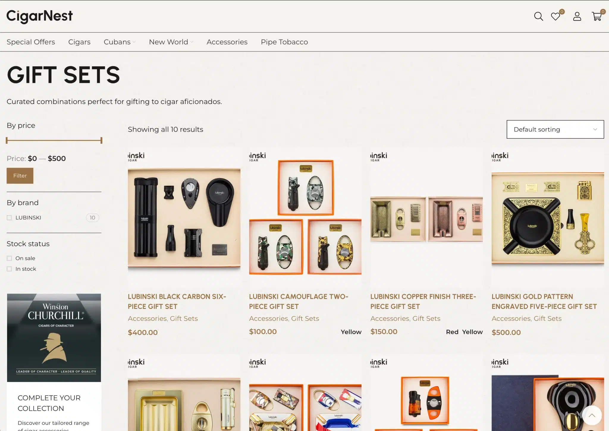 A webpage from CigarNest displays various cigar gift sets in a grid layout, with product images, names, prices, and sorting options visible—expertly crafted for optimal browsing by a WooCommerce Developer Sydney.